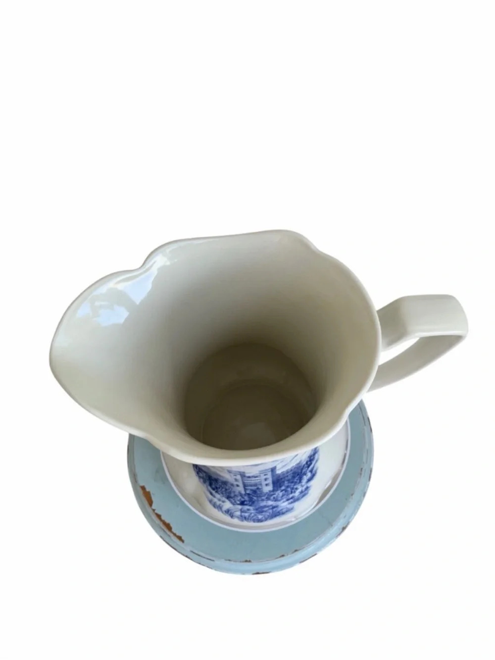 LINDA DANO Vintage Pitcher Vase Blue White Castle Ceramic QVC Cottagecore Rare